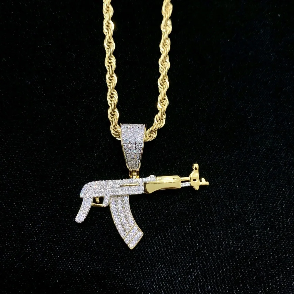 DE ROSSI NEW AK 47 PENDANT FULL LAB DIAMONDS 18K GOLD CHAIN MADE IN ITALY